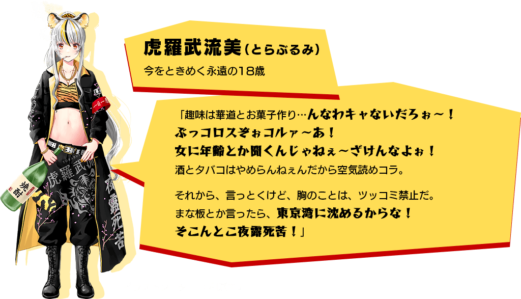 虎羅武流美（とらぶるみ）今をときめく永遠の18歳。趣味は華道とお菓子作り…んなわキャないだろぉ〜！ぶっコロスぞぉコルァ〜あ！女に年齢とか聞くんじゃねぇ〜ざけんなよぉ！酒とタバコはやめらんねぇんだから空気読めコラ。それから、言っとくけど、胸のことは、ツッコミ禁止だ。まな板とか言ったら、東京湾に沈めるからな！そこんとこ夜露死苦！